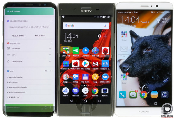 Míves társaság: a Galaxy S8+, az Xperia XZ Premium és a Mate9 egymás mellett