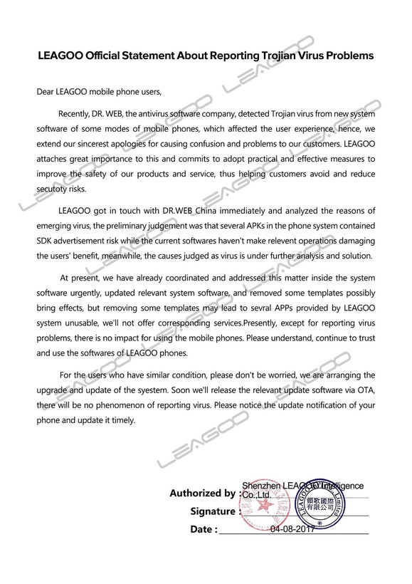 A Leagoo közleménye