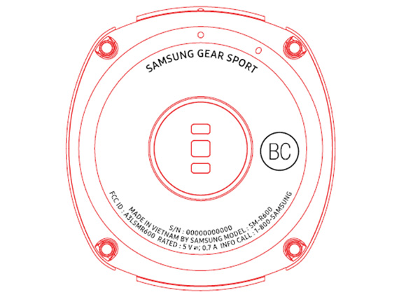 A Samsung Gear Sport hátuljának rajza az FCC dokumentációjában