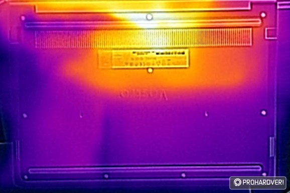 Dell aljának hőeloszlása 10 perc terhelés után - maximális hőfok 52 °C