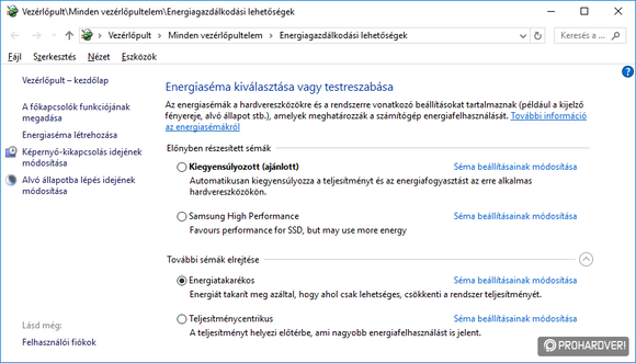 Energiasémák közötti váltás, a képen az Energiatakarékost állítottuk be a Windows 10-ben