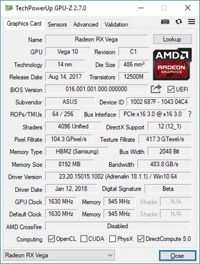 Az ASUS ROG Strix Vega 64 OC CPU-Z képei
