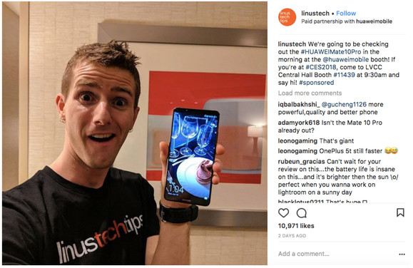Linus Tech Instagram post - főszerepben a Mate 10 Pro