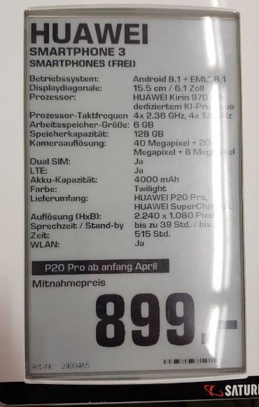 A P20 Pro specifikációképe
