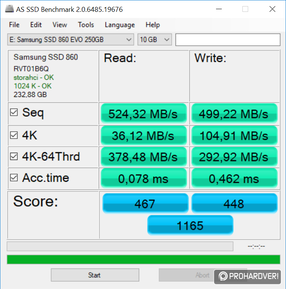 Az AS SSD benchmark eredményei, balra a 860 PRO, jobbra a 860 EVO látható