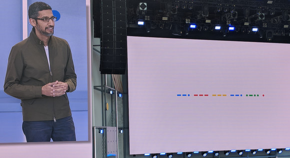 Sundar Pichai és a Google-felirat, ez utóbbi Morse-jelekkel