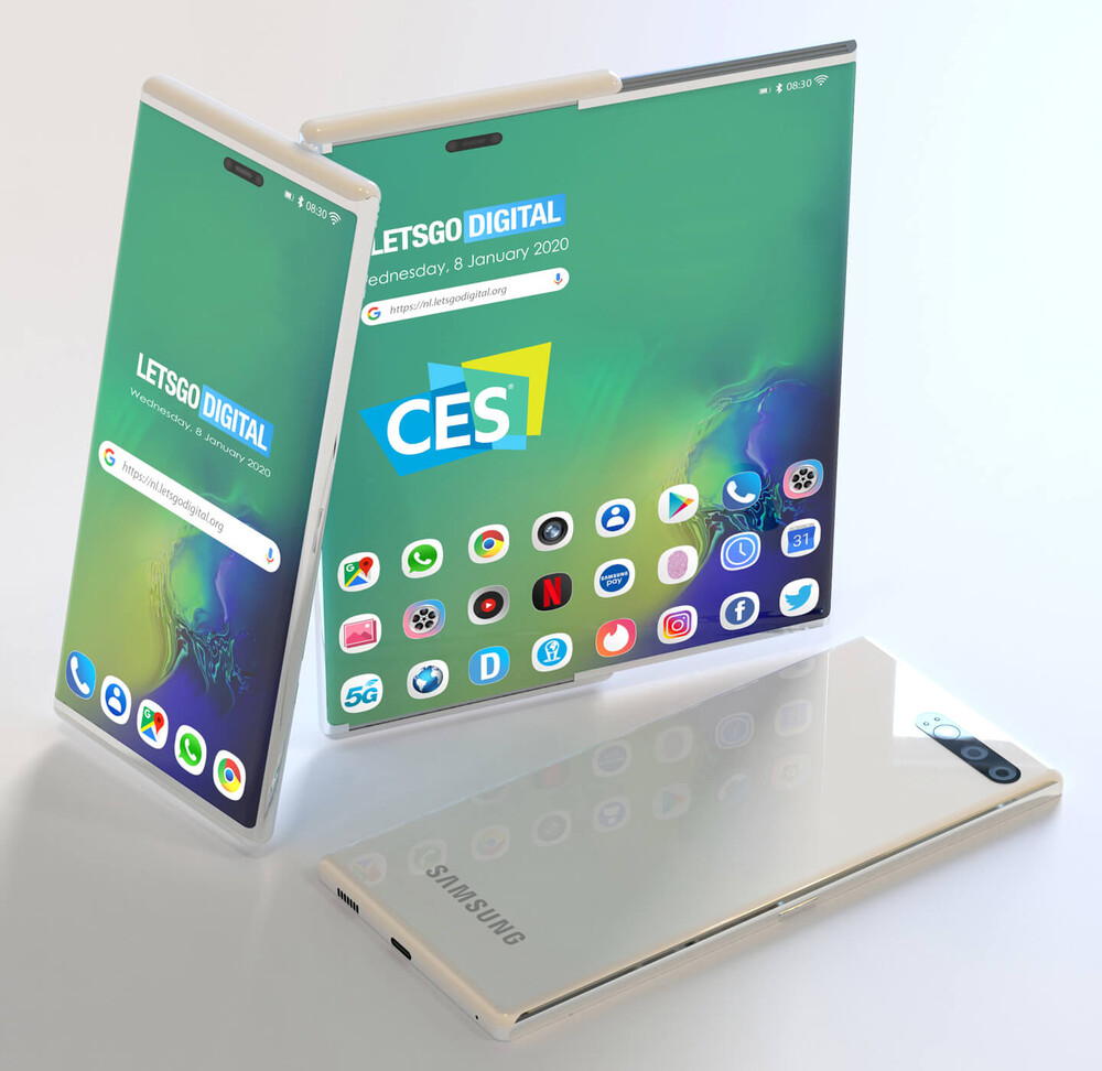 A Letsgodigital renderképe a Samsung kihúzható képernyős telefon formatervezési mintájából