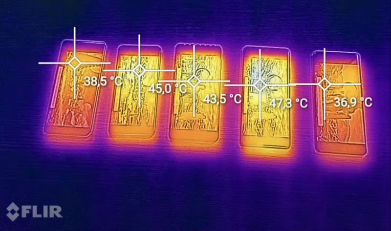 Tech2 Laci hőkamerával is mért: bal szélen P40 Pro, jobb szélen OnePlus 8 Pro, mindkettő jelentősen hűvösebb maradt