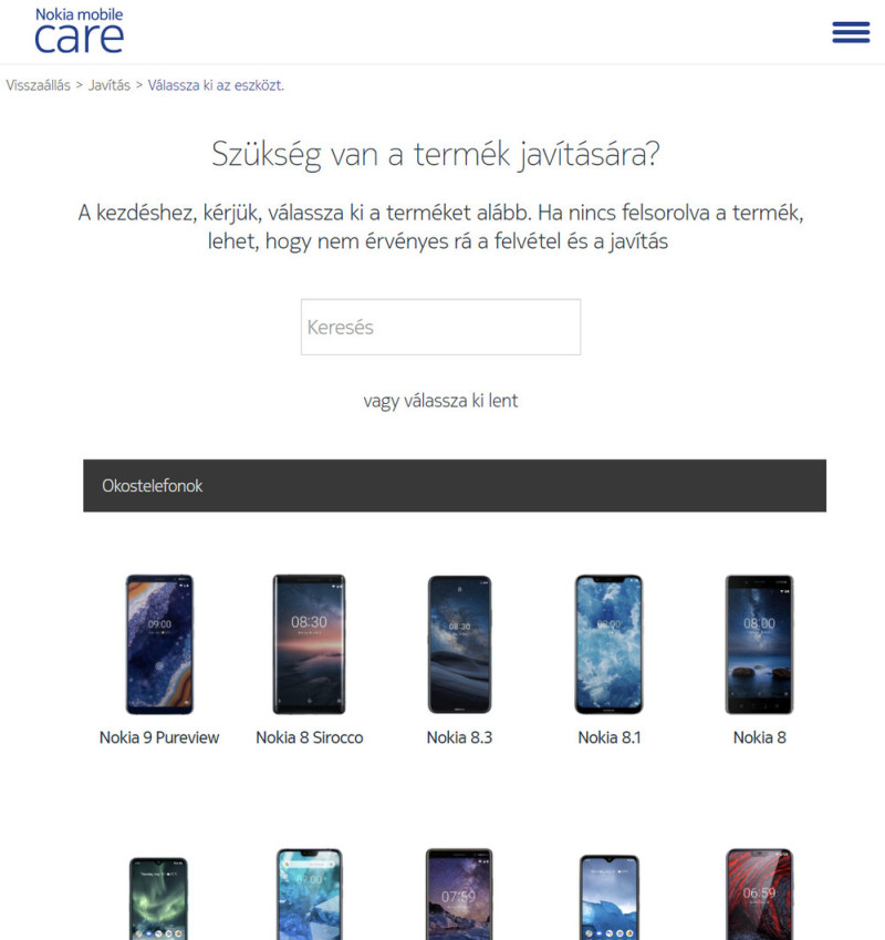A Nokia terméktámogatási oldala tanácsokkal és a háztól-házik szervizszolgáltatás kiválasztásával