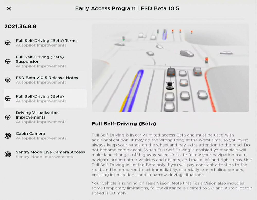 Az FSD Beta program leírása az autó képernyőjén.