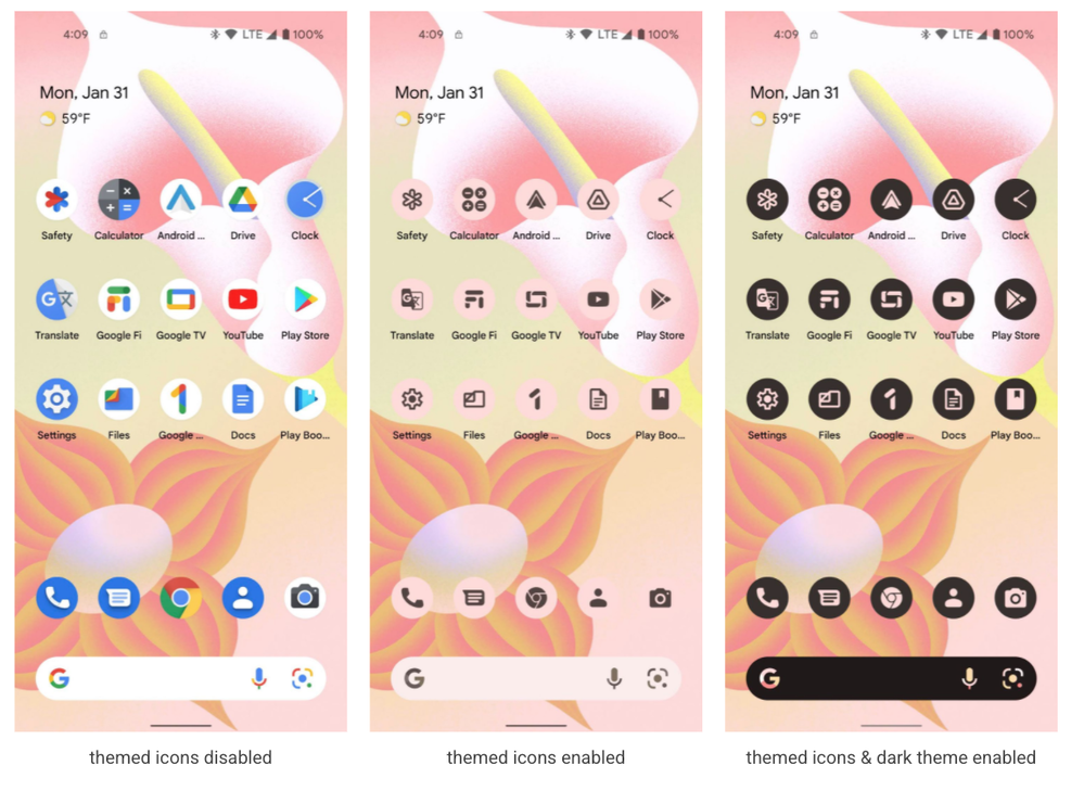 Balról jobbra: normál téma, dinamikus téma, dinamikus téma és sötét mód az Android 13-on.