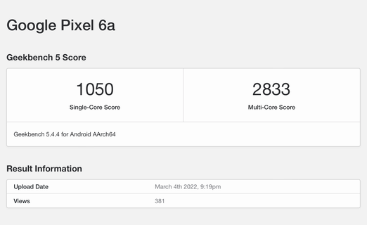 A Google Pixel 6a pontjai és adatai a Geekbench adatbázisában.