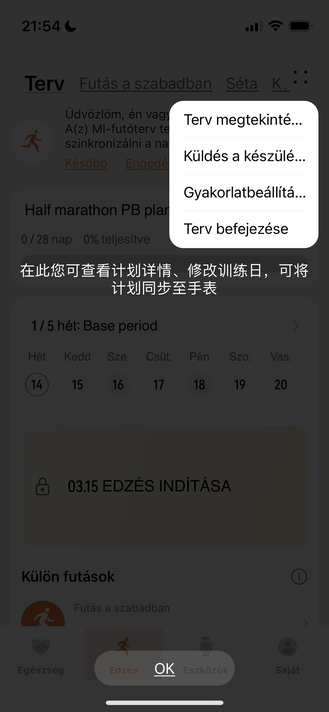 Futóedzéshez terv és futásra vonatkozó adatok a Huawei Egészség alkalmazásban.