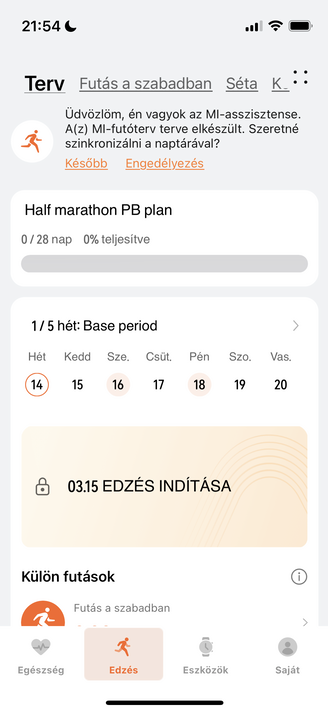 Futóedzéshez terv és futásra vonatkozó adatok a Huawei Egészség alkalmazásban.