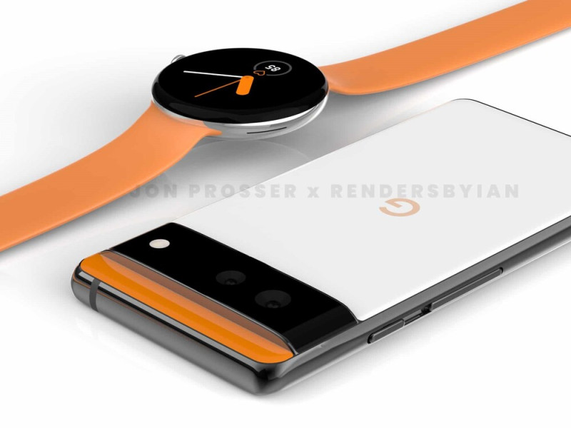 Egymás mellett a Pixel Watch és a Pixel 6 egy korábbi renderképen.