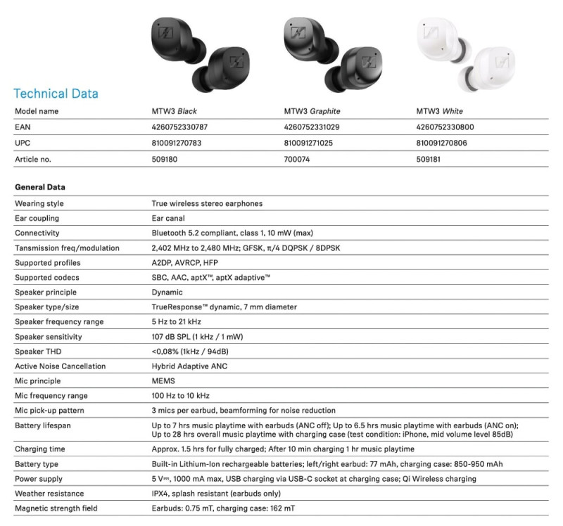 A Momentum True Wireless 3 specifikációi.