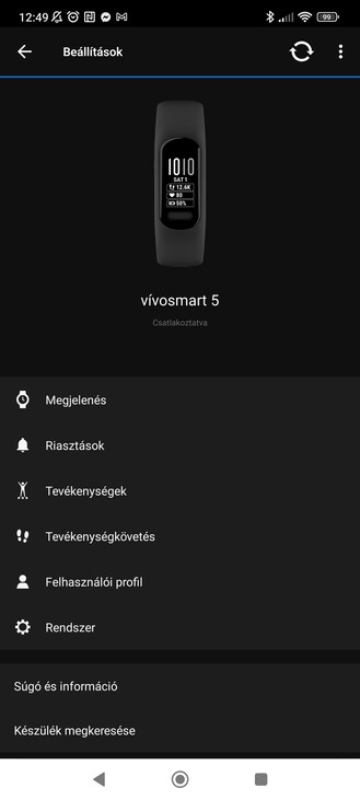 A Vivosmart 5 beállításai.