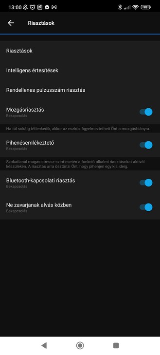 A karkötő beállításai és a karkötővel nem kompatibilis edzéstervek.