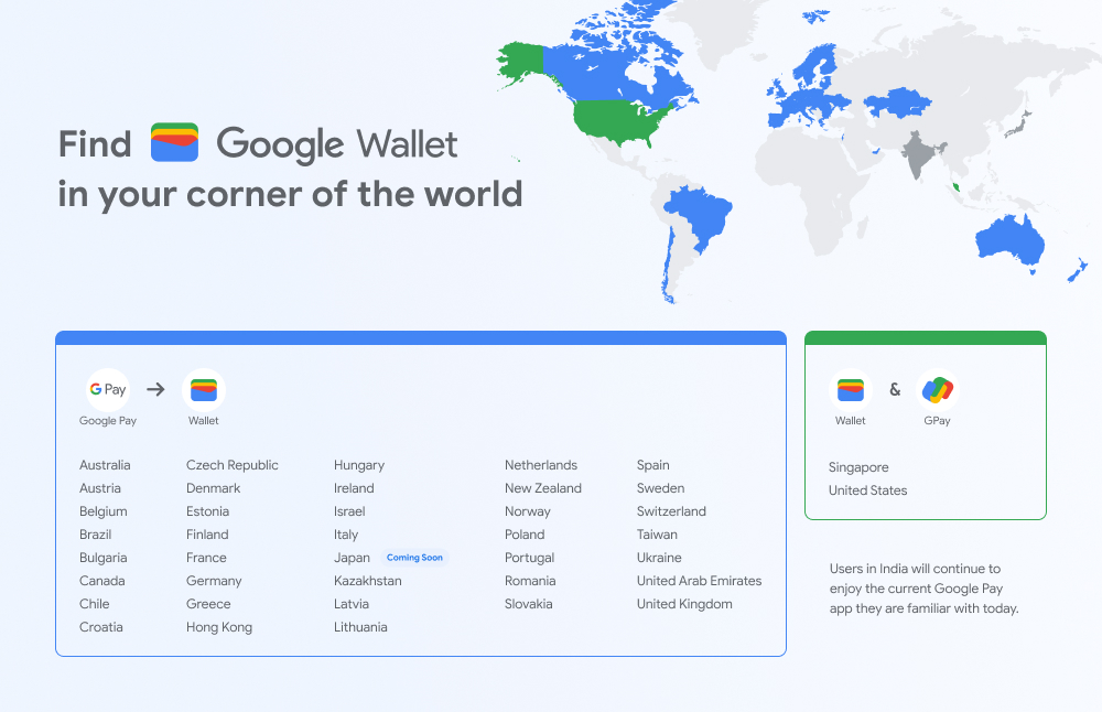 Kék körvonallal azon országok, melyekben a Google Wallet váltja a Pay alkalmazást.