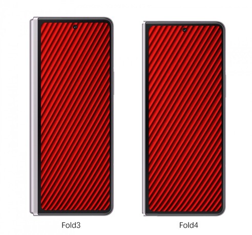 Az első képen a (fentről) Vivo X Fold, a Z Fold 4 és a Z Fold 3 kijelzőjének összehasonlítása, a második képen egy rendet a Z Fold 3 és Z Fold 4 közti méretbeli különbségekről.
