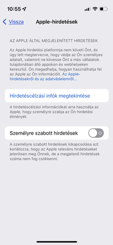 Harmadik féltől származó követésblokkoló és Apple-hirdetések iOS 15 alatt a Beállításokban.
