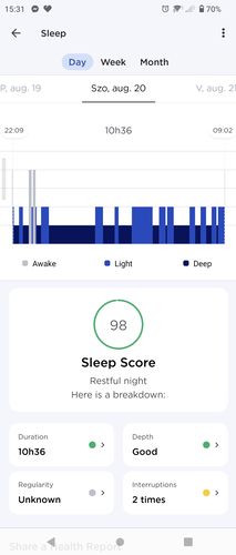 Egy alvás adatai a Health Mate appban.