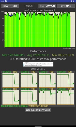 Az Antutu 9 és egy negyedórás CPU stresszteszt eredménye.