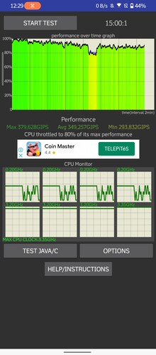 CPU stresszteszt és Antutu 9 eredmények X-módban és X-mód Pluszban.