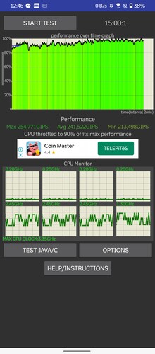 CPU stresszteszt és Antutu 9 eredmények X-módban és X-mód Pluszban.