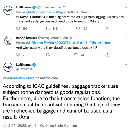 Innen indul a sztori: a német légitársaság képviselői a Twitteren azt állították, tiltva lesznek az AirTagek.
