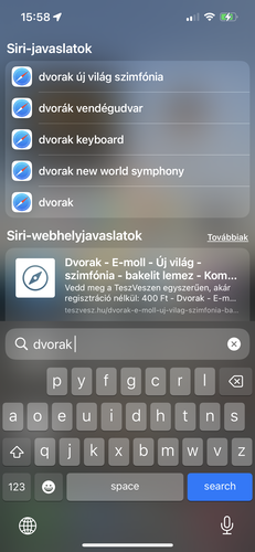 Így néz ki az iOS keresőjében a Dvorak kiosztású billentyűzet.