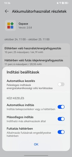 Hiába van minden engedély megadva ahhoz, hogy a GSpace nyugodtan működhessen, az EMUI folyamatosan értesít róla, hogy nagyon sokat fogyaszt az alkalmazás.
