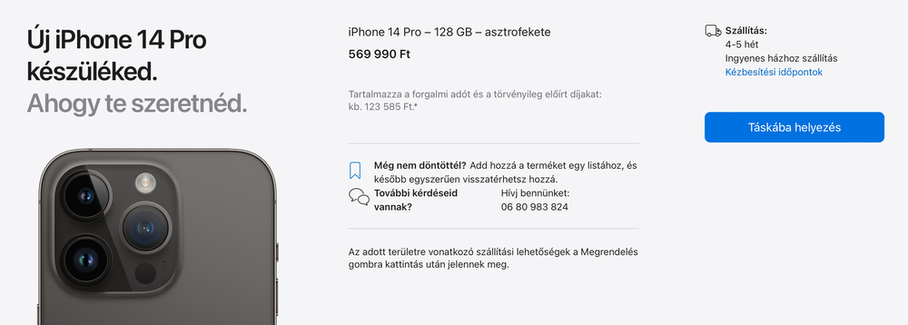 Az Apple magyar oldala 4-5 hét szállítási idővel vesz csak fel rendelést a Pro modellekre.