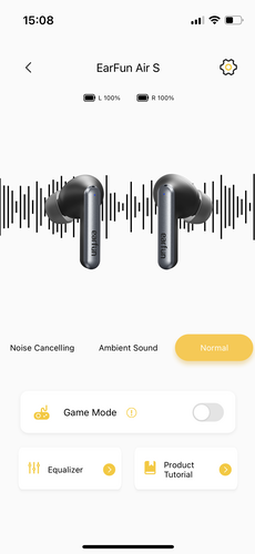 Az Earfun Audio alkalmazás felülete.