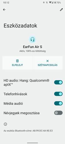 Így néz ki a program Android 12-n, az aptX-re váltás viszont nem az Earfun alkalmazásában, hanem a telefon beállításai között lehetséges.
