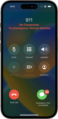 Balra: ha nincs elérhető hálózat, a telefon automatikusan javasolja a műholdas segélyhívást. Középen: a műholdon át elküldött információkról visszajelzést kap a felhasználó, a mentőcsapatok kérhetik a helyzet pontosítását. Jobbra: az iOS-ben megadott vészhelyzeti névjegyek is értesítve lesznek a műholdas segélyhívásról.