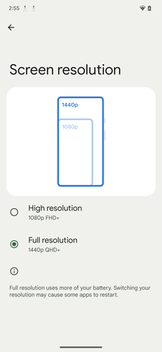 Új opció a beállítások közt a Pixel 6 Prón.