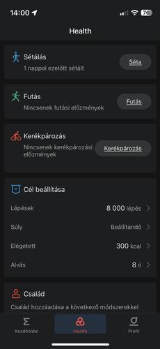 A Zepp kezdőoldala, a Health oldal és a Profil oldal.