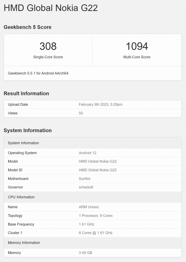 A Nokia G22 pontjai a Geekbench tesztjén, és némi információ a hardverről.