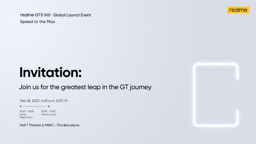 A Realme GT 3 240W bemutatóját megerősítő meghívó.