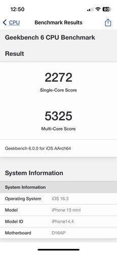 Geekbench 6 eredmény egy iPhone 13 Mini készüléken.
