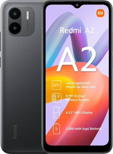 A Redmi A2 fekete és a kék színben.