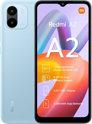A Redmi A2 fekete és a kék színben.