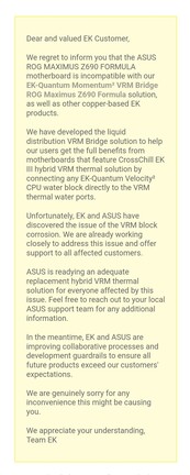 Anuncio oficial de ASUS y correo electrónico de EK WB
