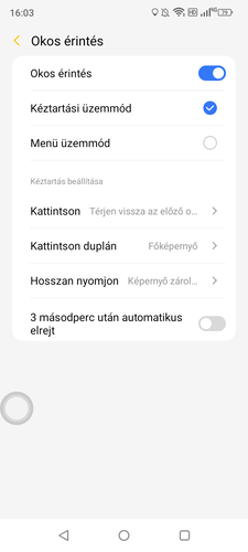 Az okos érintés bekapcsolásával előhozható menü.
