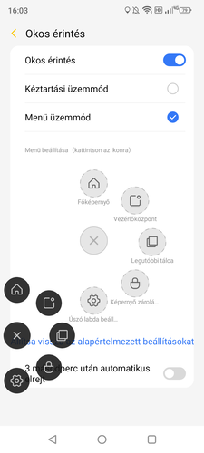 Az okos érintés bekapcsolásával előhozható menü.
