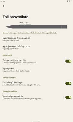 Az érintőceruzákra vonatkozó beállítási lehetőségek a rendszerben.