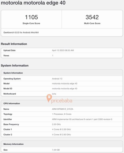 A Motorola Edge 40 eredményei a Geekbench 6 teszten