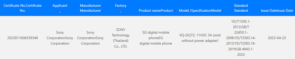 A Sony Xperia 5 V-re vonatkozó információk a 3C adatai közül
