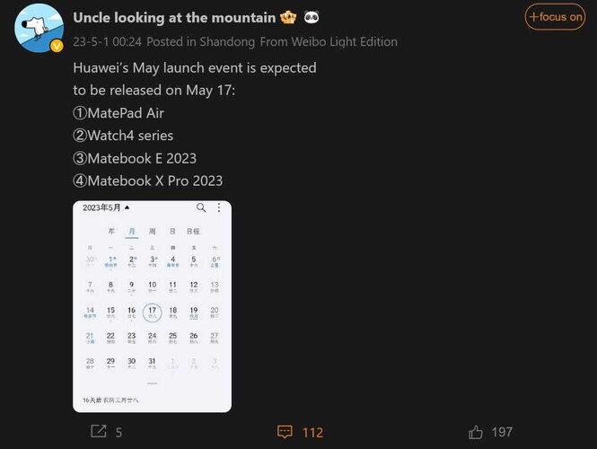A május 17-i bemutató hírét közzétevő fiók korábban többször helyesen szivárogtatott ki Huawei eszközökkel kapcsolatos infókat
